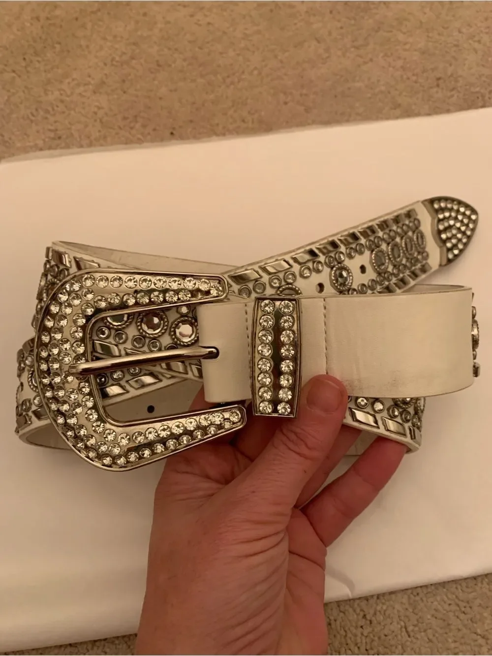 Vintage Studded Crystal Western Buckle Belt - White